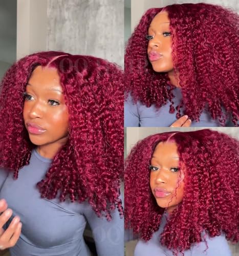 OQ HAIR 99J Burmese Curly Lace Frontal Wig 180% Density 9X6 Burgundy Human Hair Wig Pre Plucked Glueless Wine Red Wig with Natural Hairline for Women 22 Inch