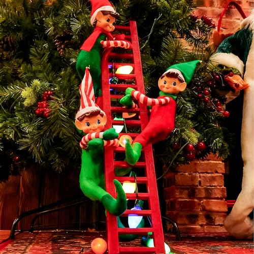 Elf Decorations on Red Ladder with Colorful Lights Festive Tree Ornament for Home Party Holiday Displays