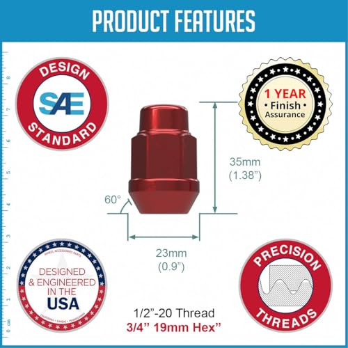 Image of Wheel Accessories Parts 20 Pcs 1 /2 inch-20 Thread Bulge Acorn 35mm 1.38 inch Long Lug Nuts Red 3 /4 inch 19mm Hex Fits 1964-14 Ford Mustang | 1959-86 Jeep CJ | 1987-18 Jeep Wrangler | 1993-10 Grand Cherokee