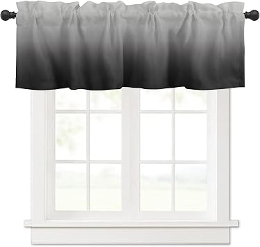 Valance Curtain for Kitchen, Ombre Black Grey Window Valance for Living Room Scroll,Rod Pocket Valances for Bedroom Decor,Window Treatment Valance 1 Panel 18" x 60"