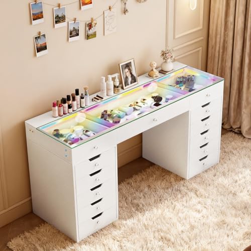 VANITII Vanity Desk with Lights RGB Color Changing Desktop White Makeup Desk with Lighted Drawers Dressing Table with 13 Storage Type C & USB Charger for Bedroom