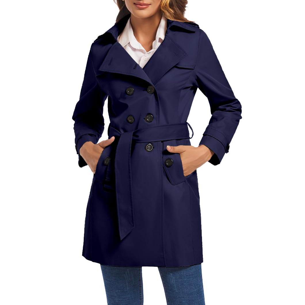 FARVALUE Womens Double Breasted Trench Coat Water Resistant Windbreaker Classic Belted Lapel Overcoat