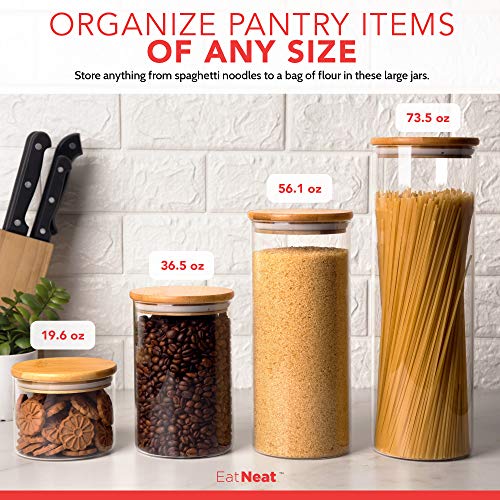 Image of EatNeat 4‑Piece Glass Canister Set with Airtight Bamboo Lids - Giftable Kitchen Storage - Tall Jar Fits Spaghetti - 74 /56 /36 /20 oz for Pantry, Dry Goods, Coffee, Snacks & More