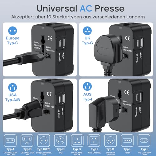 Amoner Reiseadapter Weltweit Universal Reisestecker, Internationaler Steckdosenadapter mit USB C & USB A Universal AC Steckdose Travel Adapter für USA EU Thailand Italien Deutschland