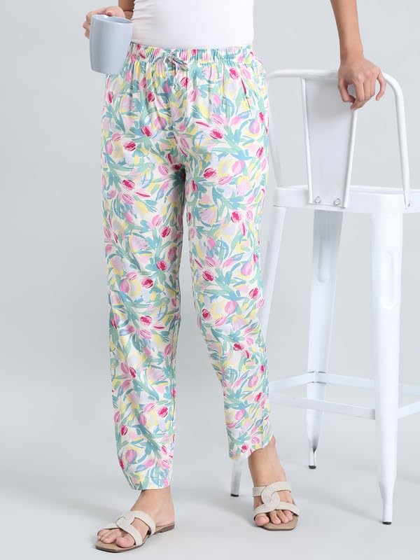 Image of GO COLORS Women Printed Woven Viscose Mid Rise Lounge Pants