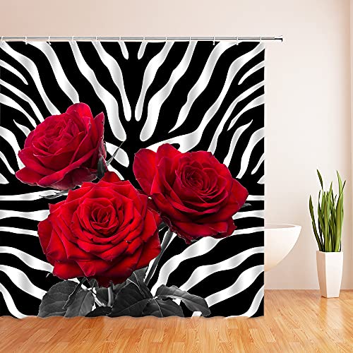 Black White Zebra Print Shower Curtain Red Rose Safari Wild Animal Stripe Skin Pattern Modern Romantic Creative Girls Woman Valentines Day Decor Fabric Bathroom Curtain With Hook #TOP1