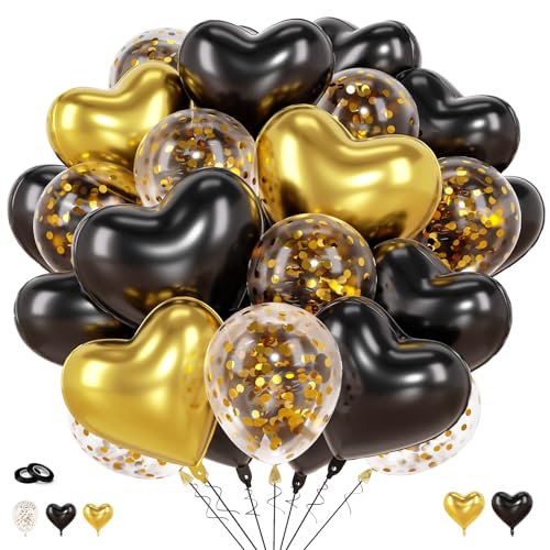 Image of Black & Gold Heart Balloons Party Decorations, Heart Shaped Foil and Latex Balloon Decorations for Men Women Happy Birthday Party, Retirement, Graduation, Anniversary, Baby Shower, Wedding, Engagement