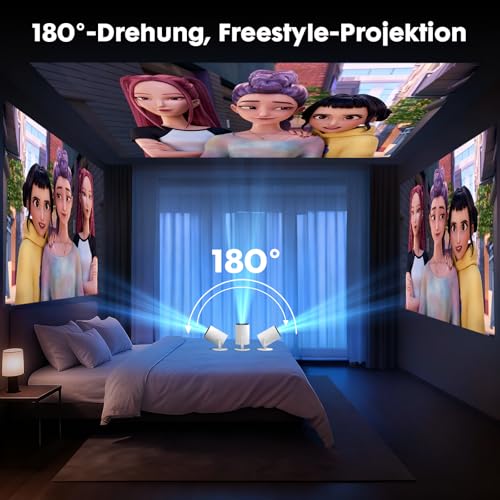 【Android 14 & integrierte Apps】 Tecaki Mini-Projektor mit WiFi 6 und Bluetooth 5.2, tragbarer Projektor 1080P, um 180° drehbar, mit automatischer Trapezkorrektur für das Schlafzimmer zu Hause