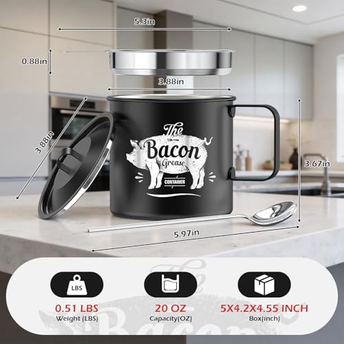 Bacon Grease Saver With Strainer, 20 OZ Stainless Steel Oil Container - Image 3