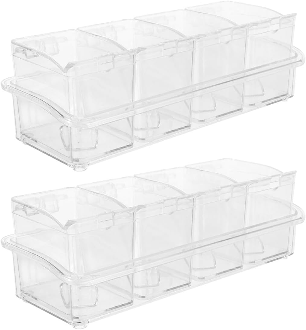 Ipetboom 4-compartment Spice Jar Set with Lids and Spoons, Condiment Organizer Box for Salt Sugar and Seasonings, Kitchen Storage Rack, 2 Sets