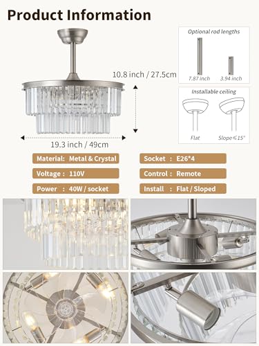 Image of 20 inch Silver Crystal Fandelier Ceiling Fans with Lights, Caged Silver Crystal Chandelier Ceiling Fan with Light Remote Control with 6 Speeds for Bedroom, Nursery, Living Room