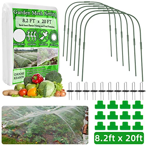 Grauerhund Garden Mesh Netting 8.2X20Ft Plant Cover With 6Pcs Garden Hoops 12Pcs Clips And 10Pcs Garden Staples For Vegetable Plants Fruits Flowers Greenhouse Crops Birds Animals Barrier Protection #TOP30