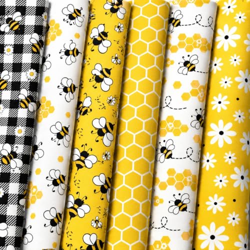Whaline 6 Pcs Summer Bee Cotton Fabric Bundles Bee Daisy Honeycomb Plaid Fat Quarters Yellow Quilting Patchwork for DIY Sewing Craft Decor, 18 x 22 Inch