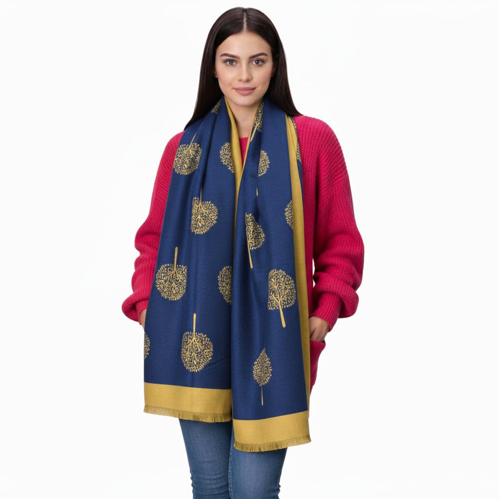 Hilto Women's Blue Mustard Winter Scarf Tree Of Life,Cashmire Soft Touch Reversible Pashmina Shawl, Scarves Wraps, Blanket, Mulberry Tree Large Girls (Blue Mustard)
