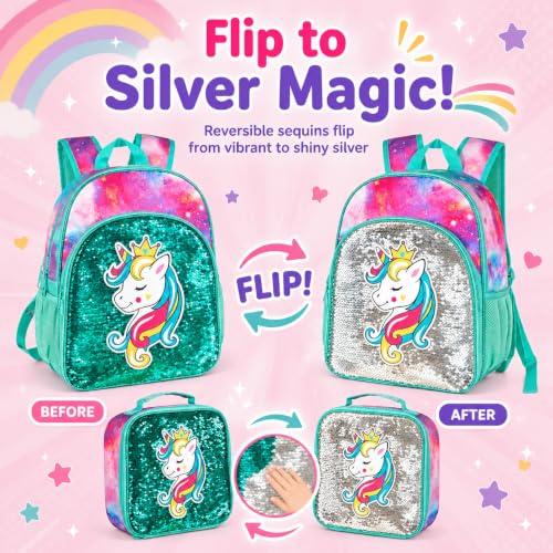 Image of 3PCS Unicorn Backpack for Girls, 16 inch Sequins Kids Bookbag with Lunch Box, School Bags for Elementary Preschool Kindergarten - Green