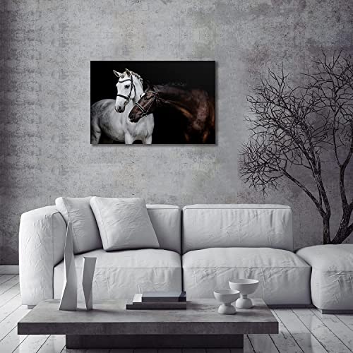 White Black Horses Wall Art Framed Canvas Prints Living Room Office Farm Equestrian Decor Animal Couple Poster Painting Picture Ready To Hang Gift #TOP1