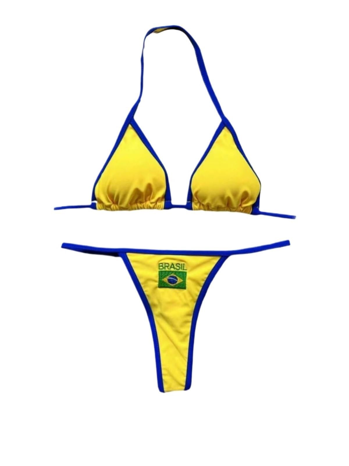 Women Brazil Mexico Jersey Y2K Bikinis Swimsuit Set Sexy Swimwear Halter String Triangle Bikini Sets(Brazil Blue,Large)