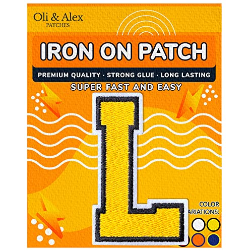 Iron on Letters Patches - Letter Patch for Clothing - Embroidered Patches for Clothes - Embroidery Appliques Team School University - Sew on Appliques 3.26 inch – Yellow, L