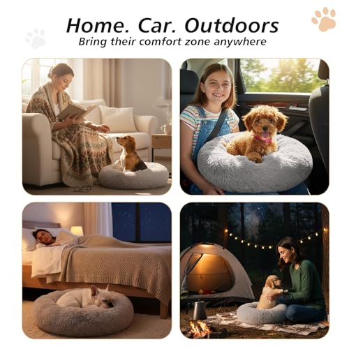 Image of JOLLYVOGUE Calming Dog Bed Medium Size Dog, Anti-Anxiety Donut Medium Pet Bed, 27 inches Fluffy Faux Fur Round Cat Bed (Smoke Grey)