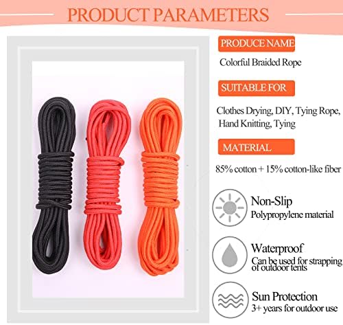 Hjyokuso 3 Pack Soft Cotton Rope, Multipurpose Durable Long Rope Craft Colored Rope, 98 Feet/30M 8mm Soft Twisted Cotton Knot Tying Rope Cord, Utility Braided Cotton Rope (Black+Red +Yellow)