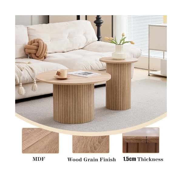 Lot de 2 Tables Basses Rondes en Bois, Table D'appoint Moderne avec Base à Colonne Romaine pour Salon, Balcon et Chambre (Grain de Bois Naturel)