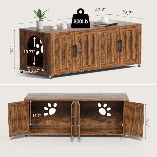 Litter Box Enclosure for 2 Cats, cat Litter Box Enclosure Furniture with Double Rooms, Large Hidden Litter Box Furniture, 47.2”L x 19.7”W x 19.7”H, Wooden, Rustic Brown