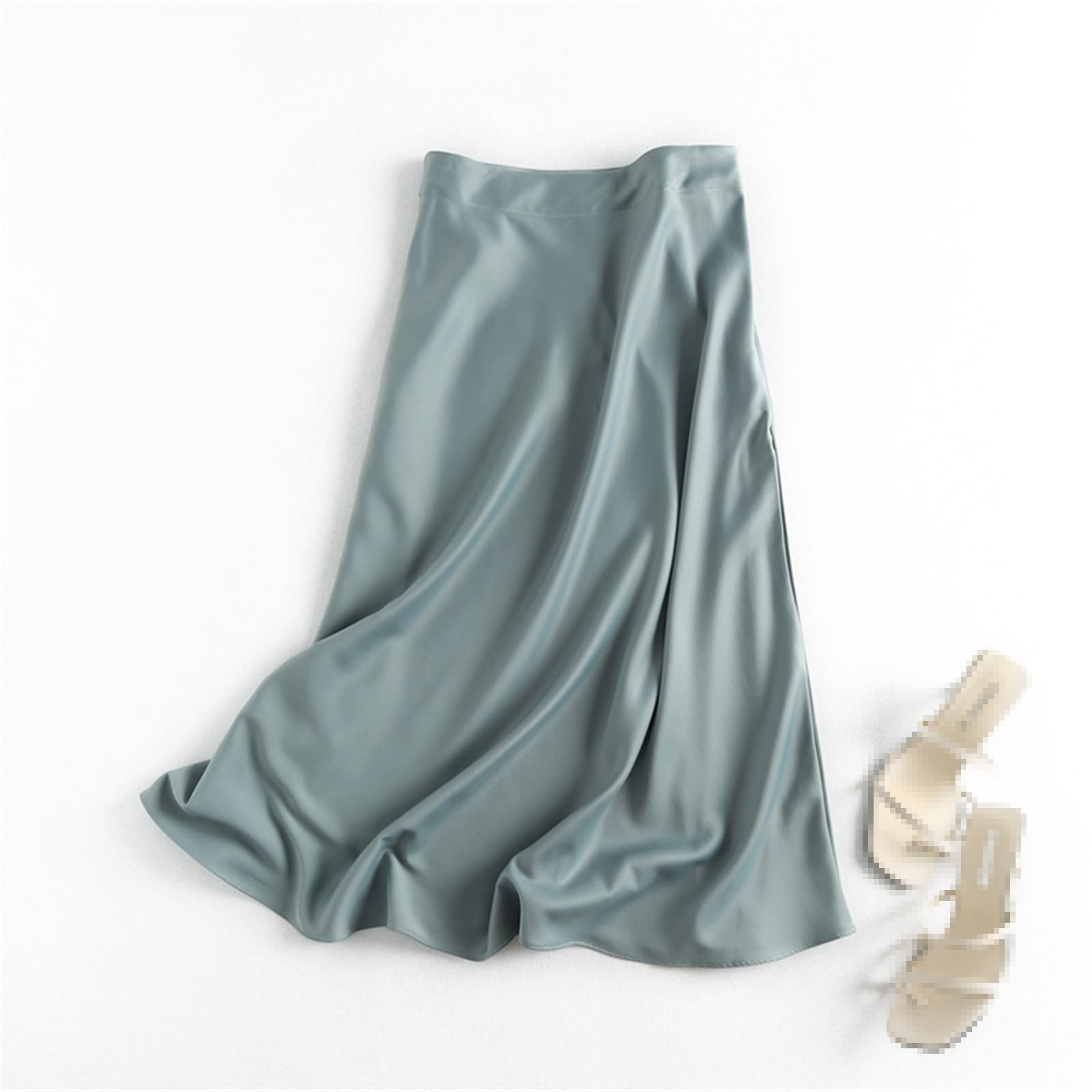 Jupe midi vintage en satin avec fermeture éclair latérale pour femme, jaune, 36