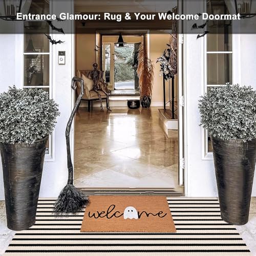 Black and White Striped Rugs, 3'x5' Area Rug Washable Indoor Outdoor Rug Front Porch Doormat Cotton Hand-Woven Farmhouse Layered Double Door Mats for Front Porch, Patio, Entryway, Laundry Room by Fallovea - Image 3
