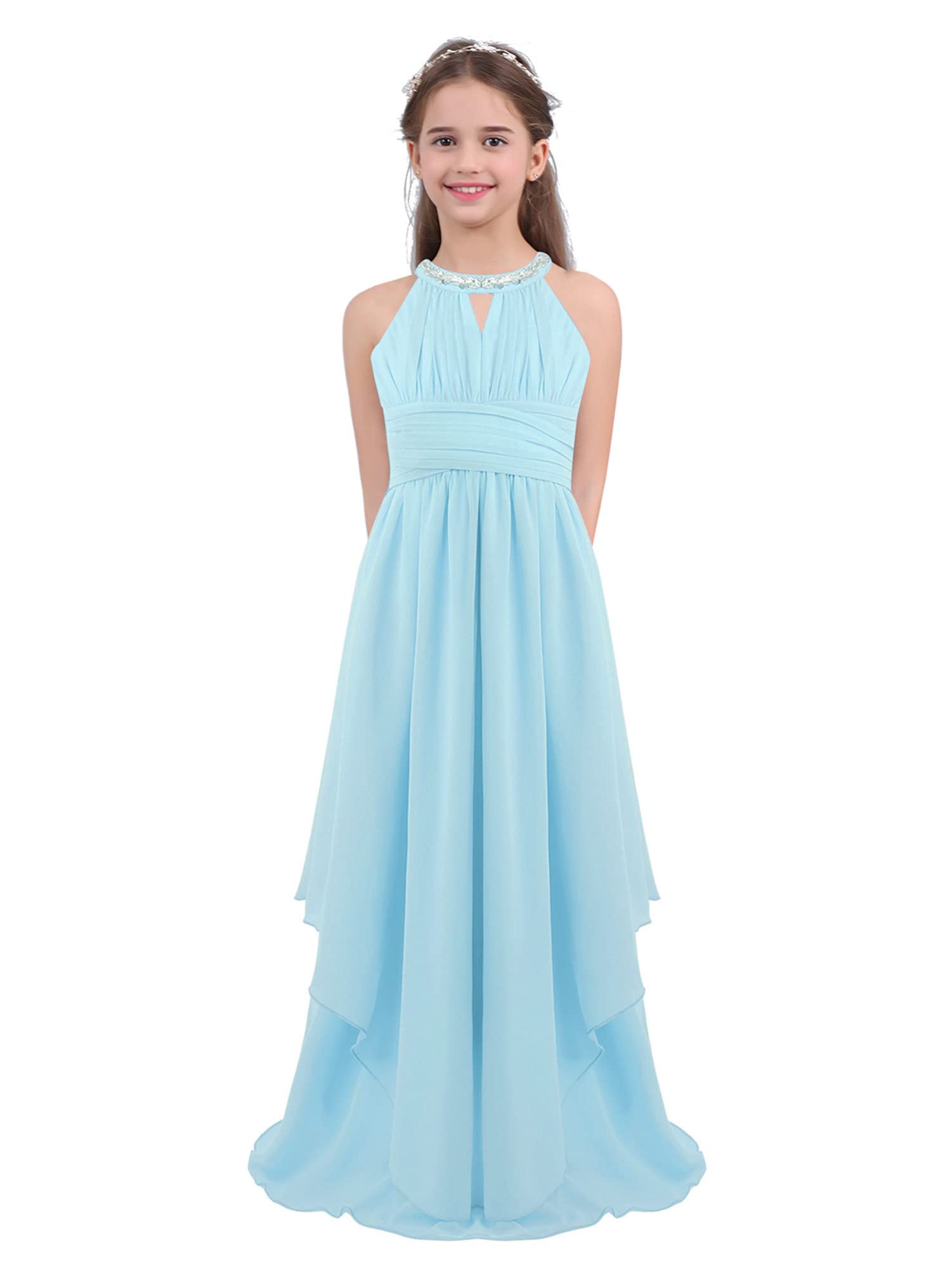 IEFIEL Vestido Gasa de Fiesta para Niña Cuello Hálter Vestido de Dama de Honor Larga con Brillante Pedrería Vestido de Noche Cóctel 6-16 Años
