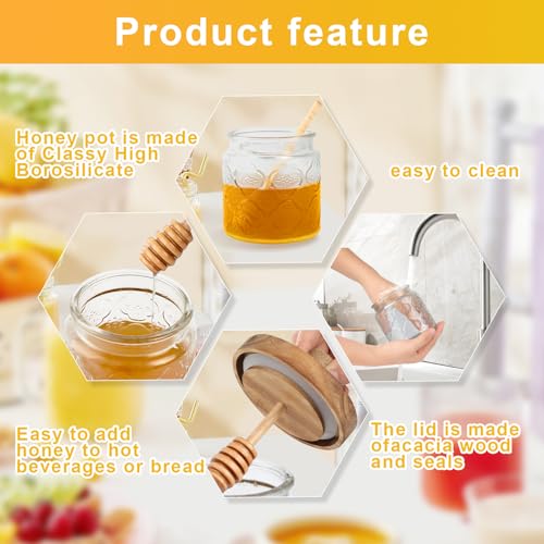 Ydzqdxzz 17Oz Honey Jar With 3 Wooden Dippers,Glass Honey Pot Container Dispenser,Clear Glass Honey Container For Home Kitchen,Store Honey And Syrup,Easy To Clean thumb #3