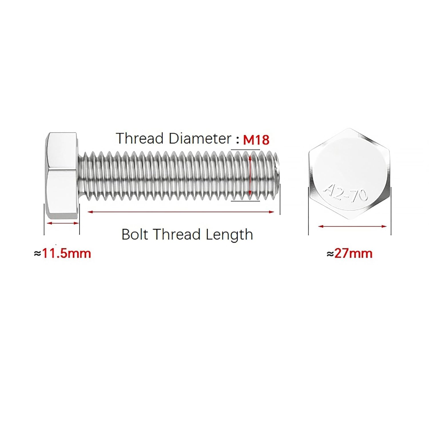 M18-2.5 x 50mm M18 Hex Head Bolt Screw 36Pcs, 304 Stainless Steel Fully Threaded External Hex Drive Hexagon Bolts Plain Bright Finish Heavy Duty Metric Machine