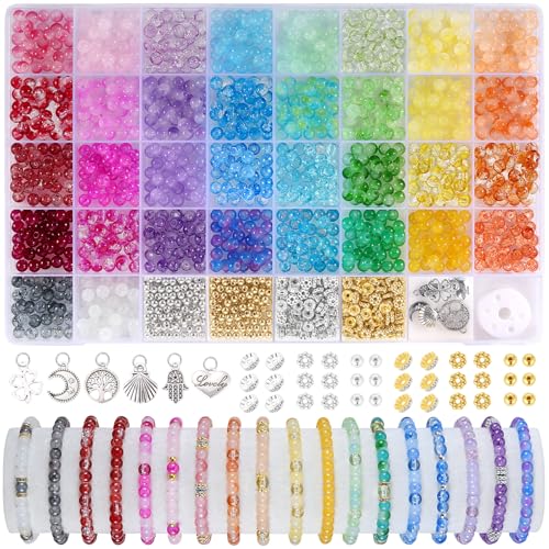 Funtopia Glass Beads for Bracelets 6mm, 1396pcs Bracelet Making Kit 34 Colors Glass Beads for Jewelry Making, Crystal Bead for Bracelets DIY Crafts with Spacer Bead and Charms