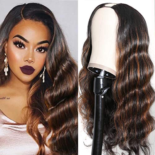 UNICE Ombre Highlight U Part Wigs Human Hair Body Wave upart Wigs Brown with Dark Roots for Black Women 12inch