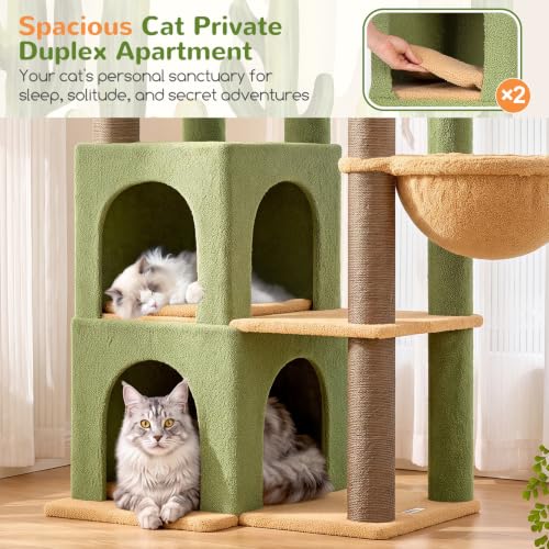 Image of Globlazer Cat Tree Tower for Indoor Cats, Sturdy Adult Cat Tree House for Large Adult Cats with 2 Platform, 6 Cat Scratching Post, 2 Cat Caves, Dangling Toys, S63, 63 inch, Green