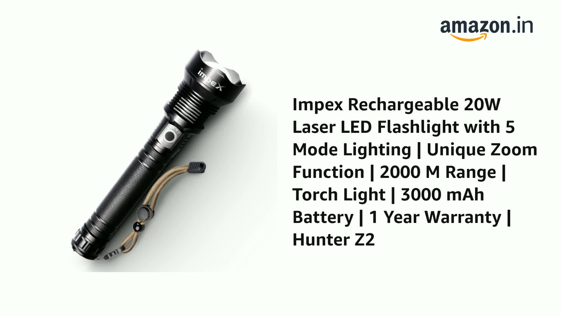 Impex Rechargeable 20W Laser LED Flashlight with 5 Mode Lighting