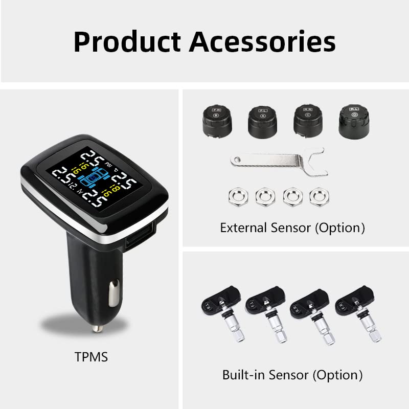 Tpms Sistema di monitoraggio della pressione dei pneumatici for auto, accendisigari con porta USB, allarme di sicurezza automatico, quattro sensori esterni Pressione Pneumatici(External sensor)