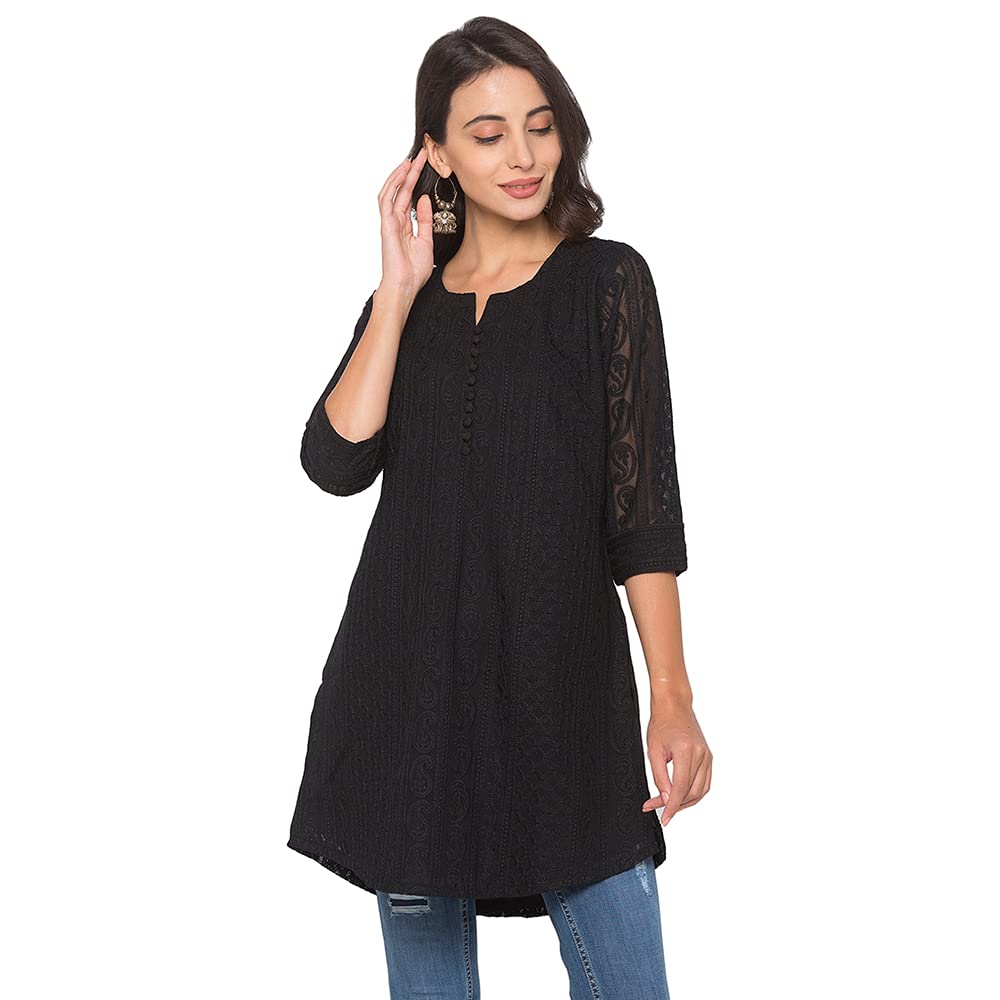 ZOLA Georgette V Neck with 3/4Th Sleeves and Thigh Length Luckhnowi Chikankari Embroidered Ethnic Wear Straight Kurta for Women