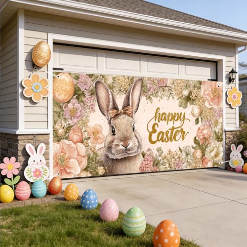 Image of Easter Garage Door Cover 157.48 x 70.87 Inch Floral Frame Cute Bunny Happy Easter Text Elegant Spring Illustration Outdoor Garage Decor Seasonal Family Celebration Spring Yard Display