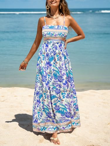 Image of CUPSHE Women Spaghetti Straps Boho Maxi Dress Summer Sleeveless Smocked Floral Beach Long Dress Flowy Cruise Vacation Outfits