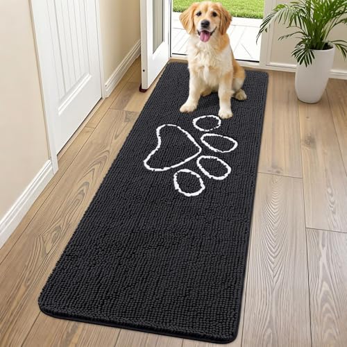 Image of Smiry Dog Door Mat for Muddy Paws, Absorbent Dirt Trapper Non Slip Quick Dry Washable Chenille Mat for Mud Dogs, Entry Rug for Indoor and Outdoor (70x24 Inches, Black and White)