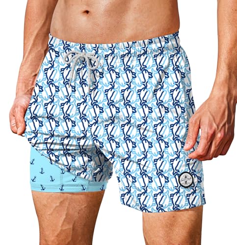 Image of Men's 5'' Swim Trunks with Compression Liner Graphic Beach Dry Fit Lightweight Bathing Shorts (S-XXL)