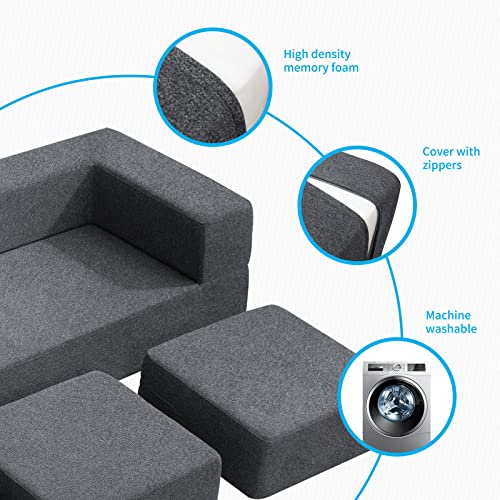 Mjkone Queen Convertible Velvet Futon Sofa Bed With 3 Ottomans,Memory Foam Pull Out Couch,Foldable Mattress Floor Sofa,Fold Out Couch Sleeper Sofa,Dark Grey #TOP4