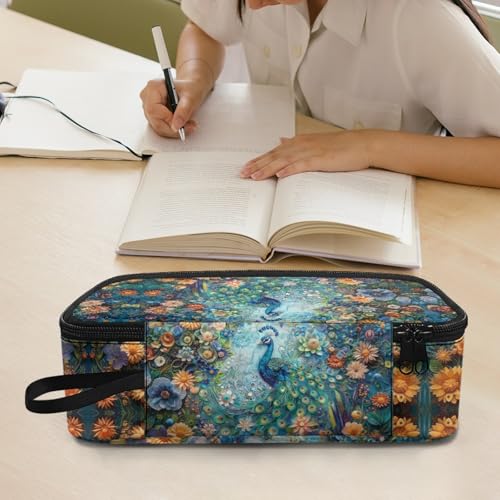 Image of Girls Pencil Case Peacock Flower Pencil Pouch Large Storage,Pencil Organizer for Kids Aesthetic Pencil Bag for Children Boys Sturdy Pen Box with Protable Handle Handbag Cion Purse