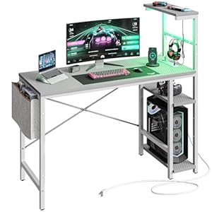 Bestier Gaming Desk with Power Outlets, 44 Inch Led Gamer Desk with 4 Tiers Reversible Shelves, PC Gaming Table with Headset Hook & Side Storage Bag for Bedroom (Grey 3D Carbon Fiber)