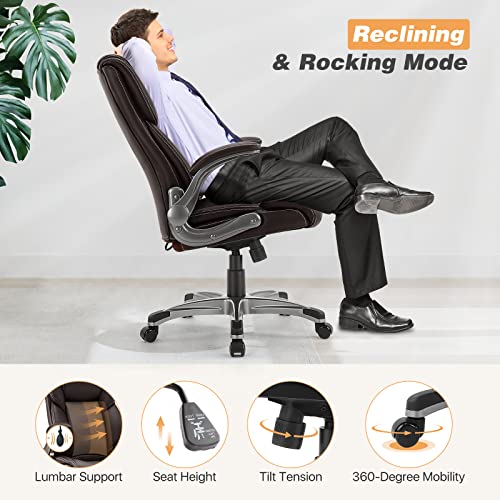 Office Chair Home Ergonomic Computer Hight Back Executive Desk Chairs, Adjustable Height Flip-Up Armrest Lumbar Support And Tilt Swivel Rocking Pu Leather Chairs With Wheels Brown #TOP3