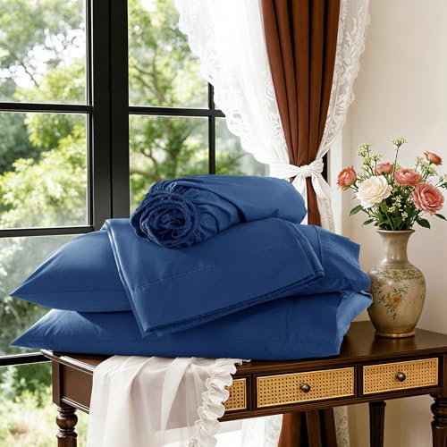 Image of 100% Egyptian Cotton Sheet Set 4 Pcs , 1200 TC, 16 inch Deep Pocket Sheet Queen | Long Staple Cotton Sheet, Soft and Breathable, 1 Fitted Sheet, 1 Flat Sheet, 2 Pillowcase Cozy for All Season, Navy Blue