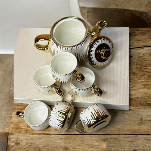 Image of DMRD Porcelain Tea Set with Kettle |Tea Cup Set 7Pc | Aesthetic and Classic Cups Set | Premium Crockery for Home & Gifting with Golden Color Geometric Pattern Design. (Golden Drop Strip)