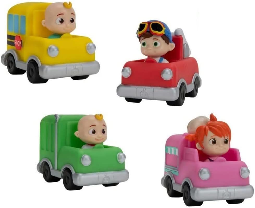 Cocomelon Vehicle 4-Pack JJ's Trash Truck, YoYo's Ice Cream Truck, TomTom's Fire Truck, & JJ's School Bus