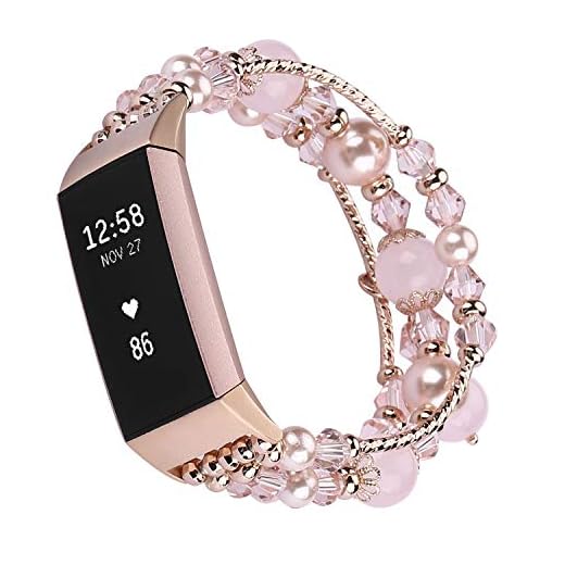 Kompatibel med Fitbit Charge 3/Charge 4 Rem Pearl, Qianyou Elastiskt Armband för Fitbit Charge 4/3 Elegant Ersättningsband, Pärlarmband för Kvinnor Tjejer Armband (5,5 tum - 7,9 tum)-Rosa
