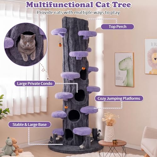 Image of PETSITE 90.5-inch Tall Cat Tree, Tree-Like Modern Cat Tower with Sisal Scratching Pad, Five Cat Condos, Cute Hanging and Spring Toys, Large Cat Tree Tower for Indoor Cats (Purple)